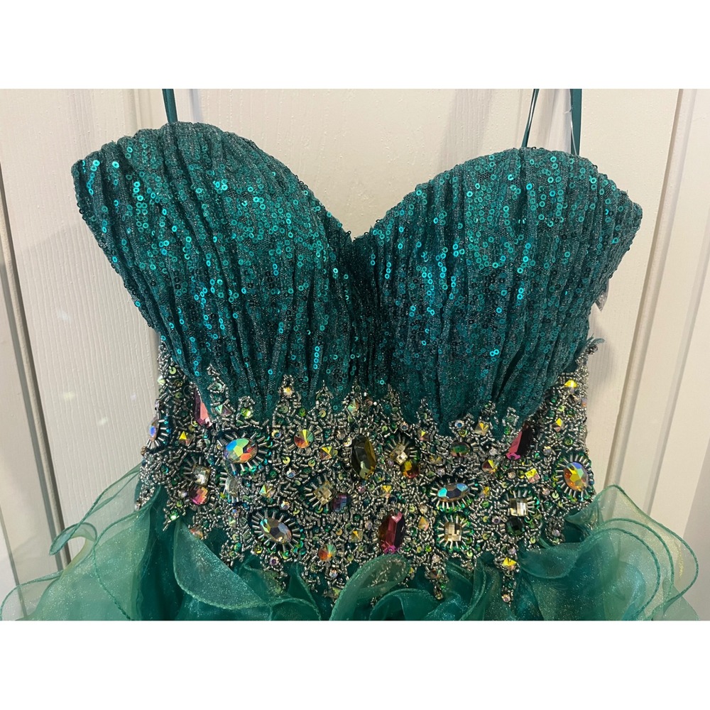 Emerald Green High Low Dress Sequin Crystal Embellished Ruffle Gown Strapless SM - Picture 6 of 17